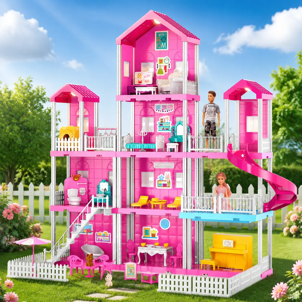 Unisex Dollhouse Playhouse - 4-Storey 10-Room Villa Miniature Set, 2 Doll Figures, 31 Pieces of Furniture, Accessories, Pretend Play Home Gift Kit for Ages 4+, 10 Rooms