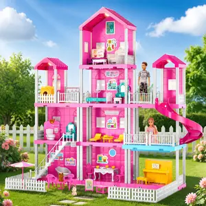 Doll Playset 4-Storey 10-Room Villa with 2 Doll Figures, Accessories and Furniture, Home Pretend Play Gift Kit