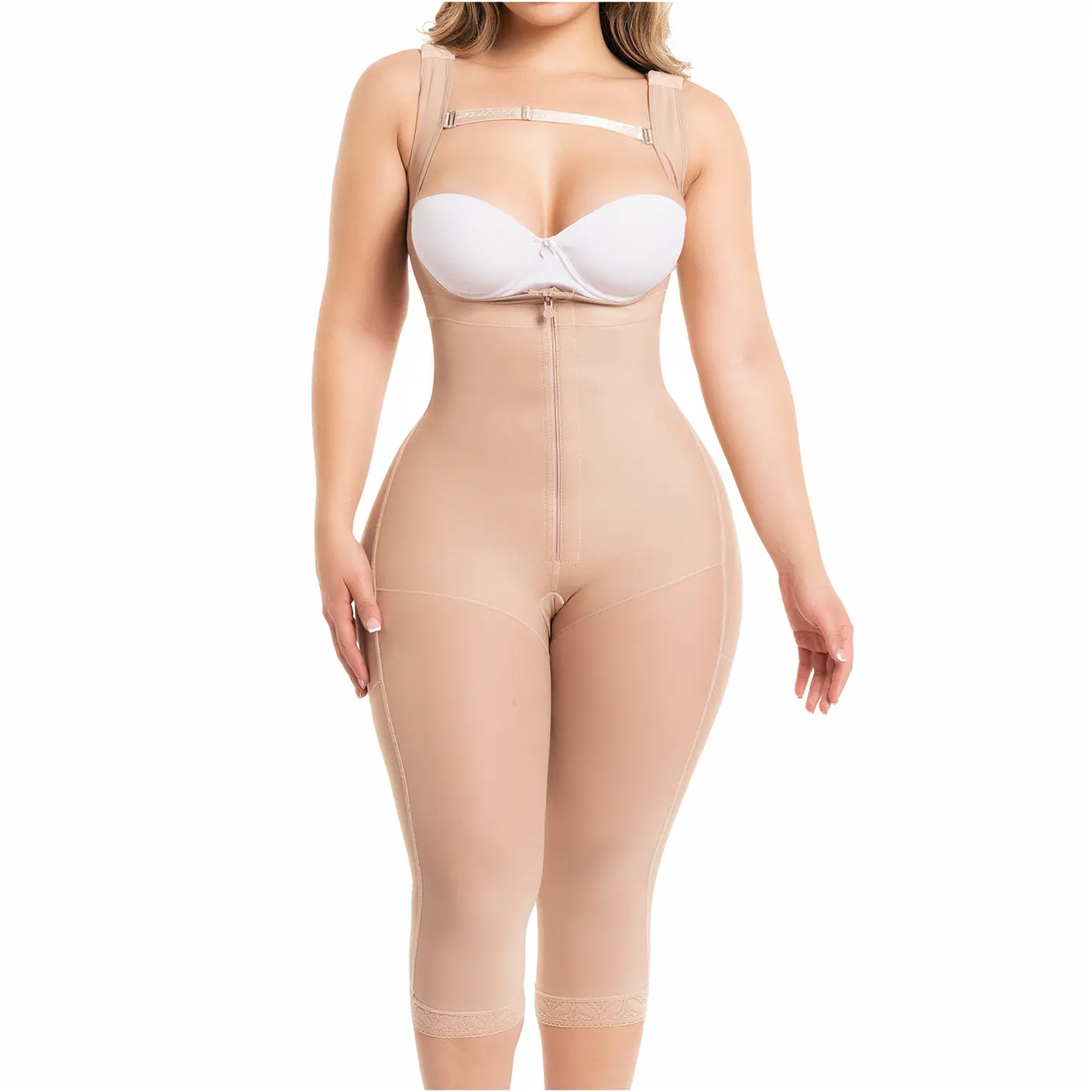 Fajas Salome Women's Post-Surgery Open Bust Bodysuit Shapewear, High Back Compression Cotton Lined Shaper with Butt Lifter and Lace, Body Contouring, Abdominal Shapewear Bodysuit, Adjustable Strap Shapewear Bodysuit