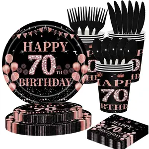 116-Piece Rose Gold Theme Birthday Disposable Tableware Set, Includes Plates Napkins Cups Cutlery, Perfect for 70th Birthday Party Decorations