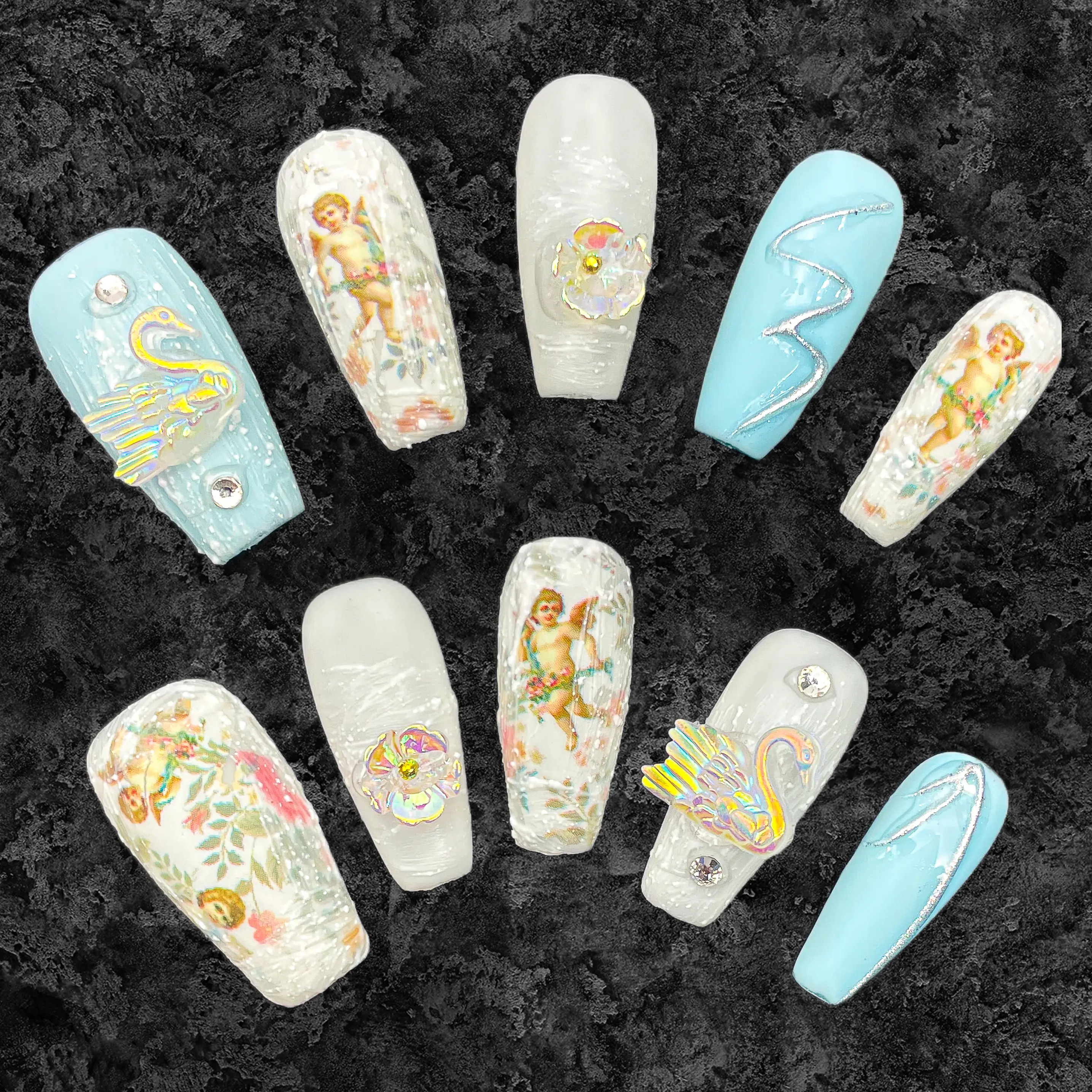 Kandy Klaws | Artsy Paint White Blue Press On Nails | Cute Glue On Nails | Coffin Fake Nails 22mm | Handmade| Press Ons with Charm | Trendy Summer Party Nails