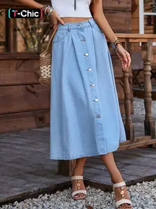 Elegant Women's Denim A-Line Skirt, Comfortable Flowy Commuter Skirt, Spring Summer Fashion, Front Button Design, Button Fly Skirt, Casual Elegance, Chic, Casual Comfy Skirt, Casual Skirts