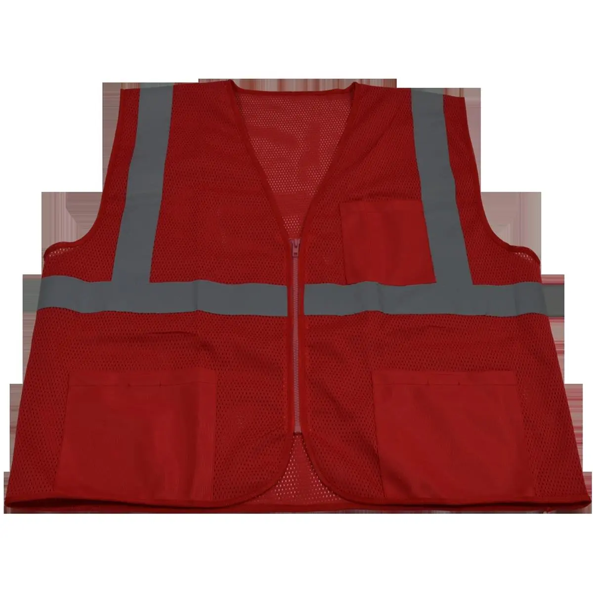 212 MAIN Men's High Visibility 2 in. Red Mesh Fabric Vest - Reflective Tape, 3 Pockets, Zippered Front, Small/Medium (Petra Roc RVM-S1-S-M)