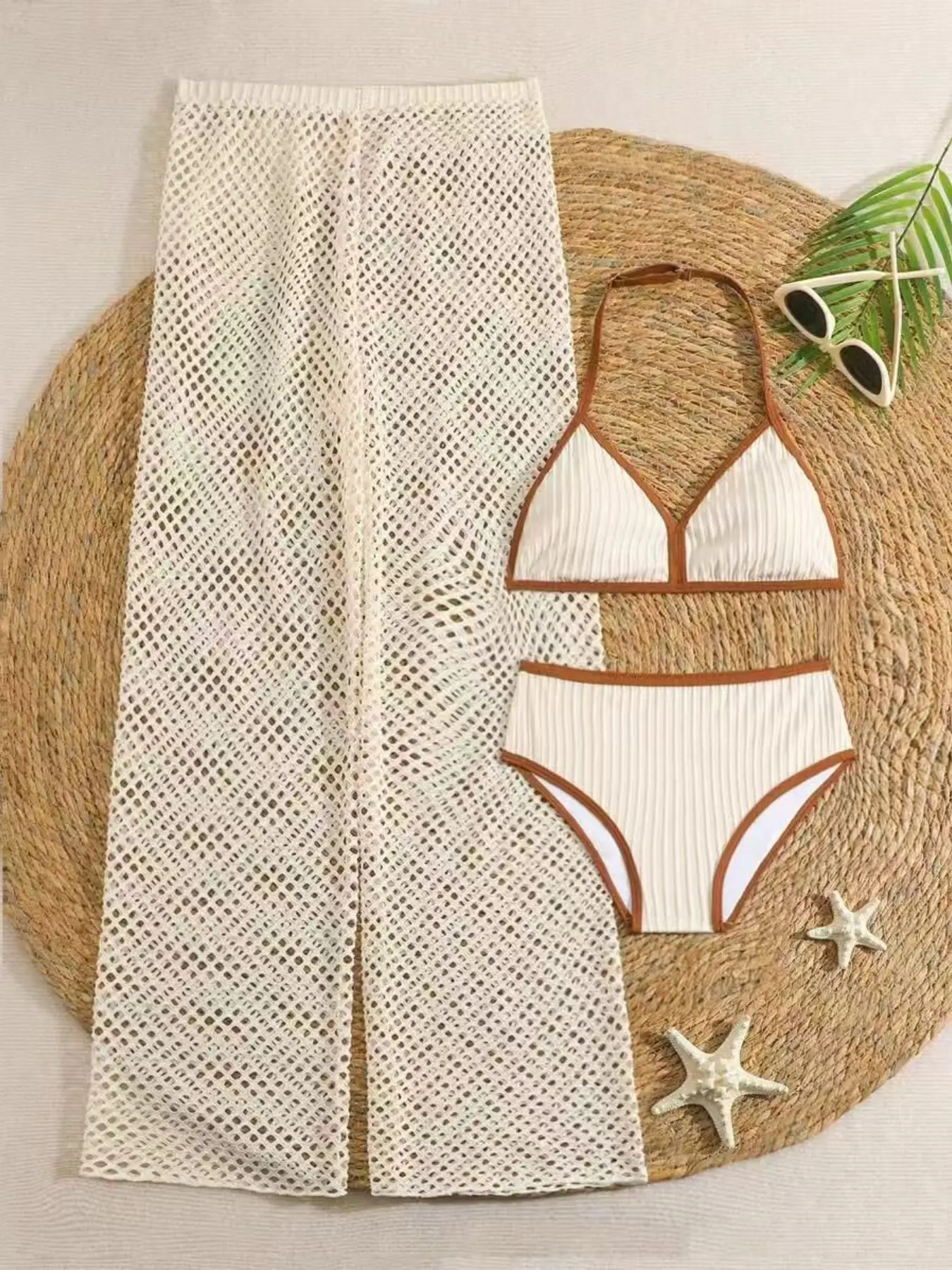 Girls' Ruffle Halter Triangle Bikini Top Bikini Set with Long Cover-Up, Three-Piece Swimsuit, Swimwear Bathing Suit, Swimwear Outfits, Perfect for Summer Beach Wear, Stylish and Comfortable