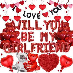 Will You Be My Girlfriend - 552 count Balloons Banner Pull Flag Foil Love Bear Red Heart Balloon Hanging Swirls Rose Petals For Romantic Special Night Decorations Engagements Proposals Valentine Day