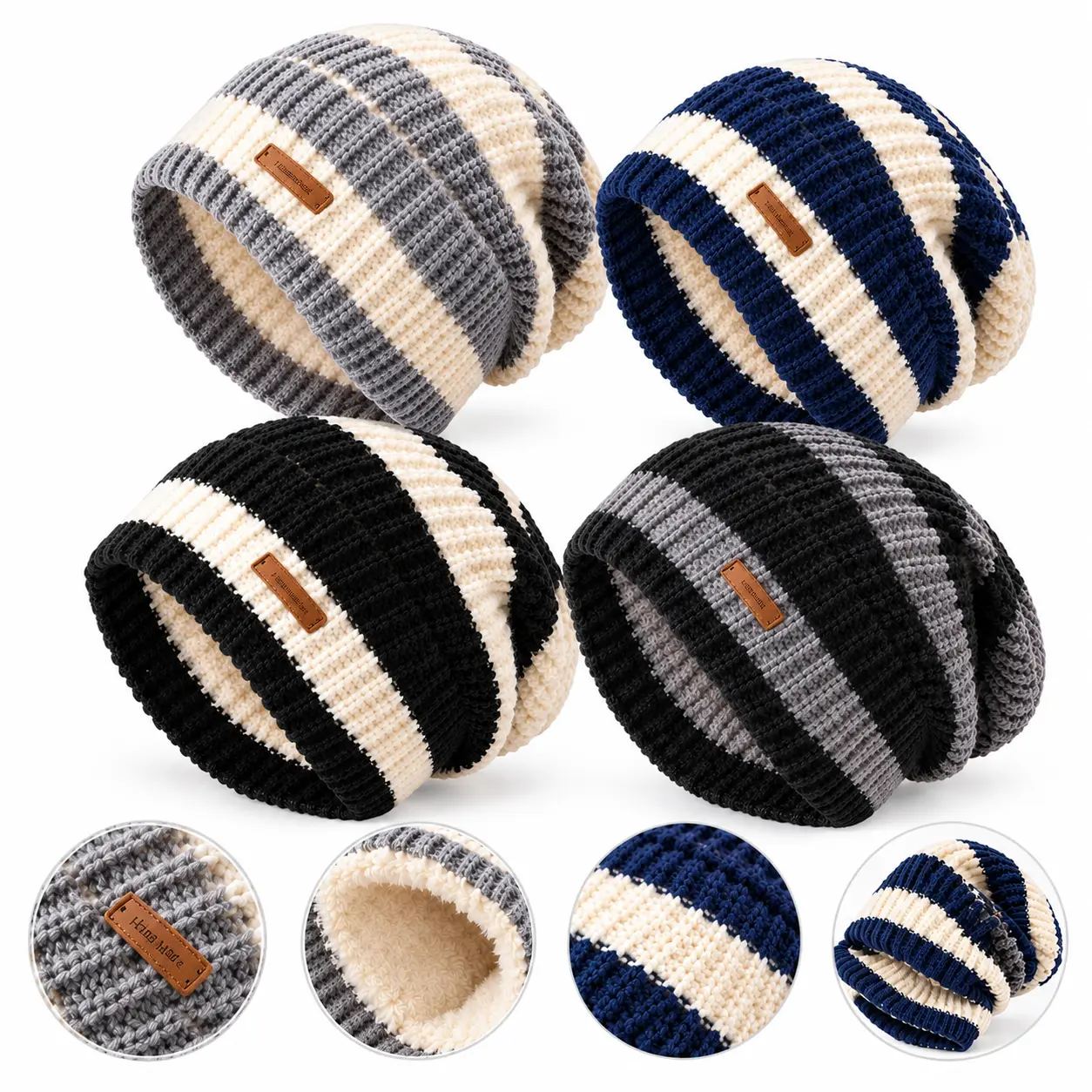 Unisex Striped Knit Beanie, Cozy Slouchy Winter Hat for Men & Women, Warm Chunky Knit Cap, Casual Streetwear Headwear
