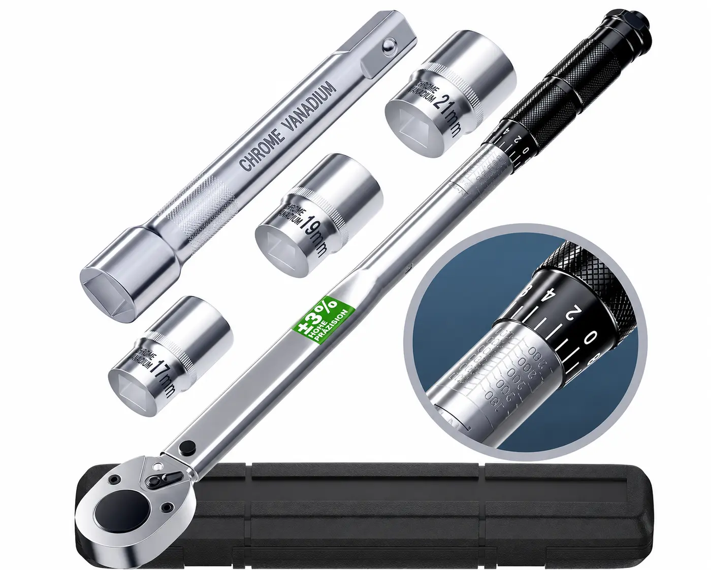 1/2-inch Drive Click Torque Wrench, Adjustable Torque 28-210 Nm, Chrome Vanadium Construction, Incl. 3 Sockets, 125 mm Extension & Storage Case, +/-3% Tolerance, Moto Maintenance Tool