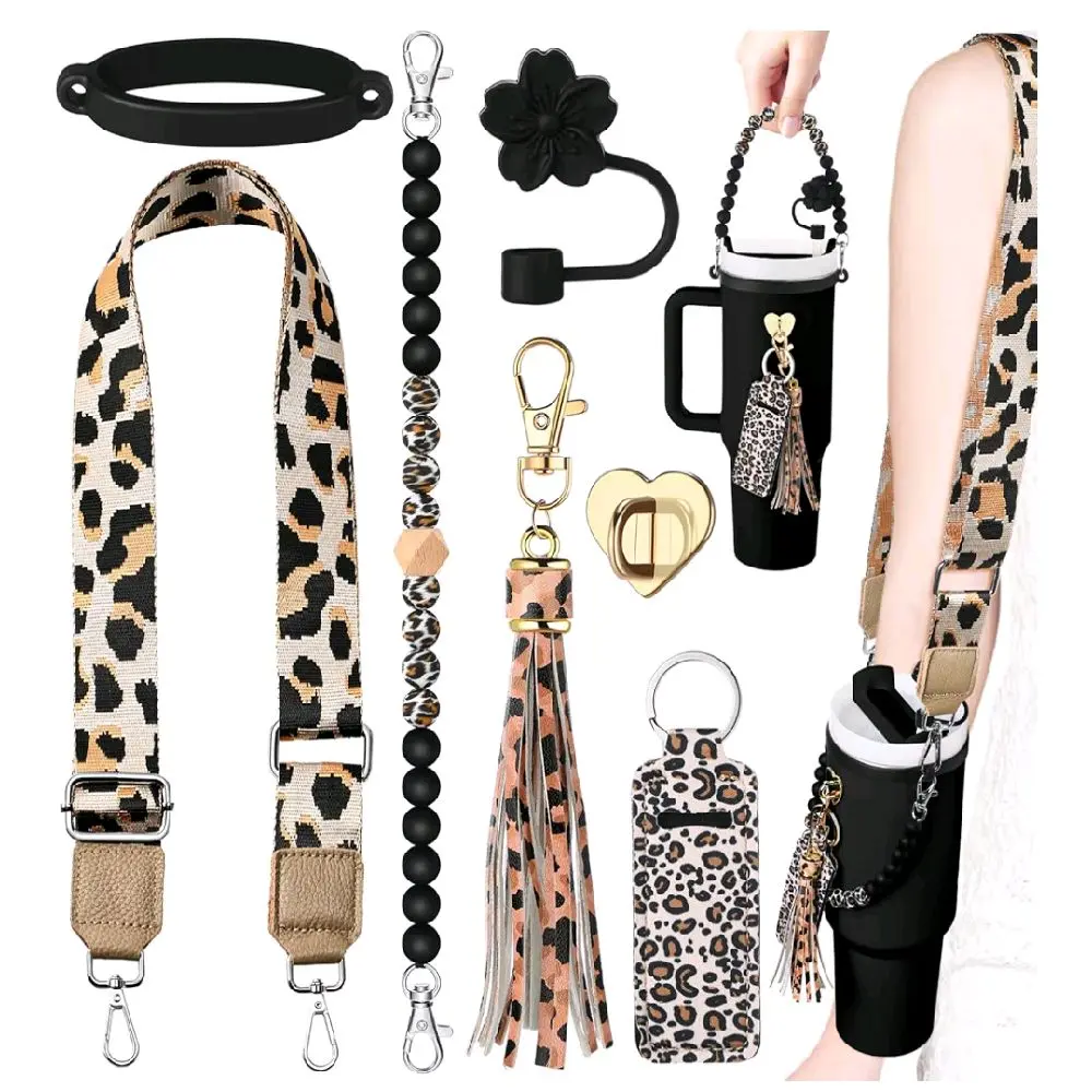 7 Pcs Leopard Silicone Cup Accessory Set Compatible with Stanley Cup Leopard Beaded Bottle Strap Carrying Strap Lipstick Holder Tassel Charm Straw Cover Bottle Ring 8-40 oz Tumbler(Black)