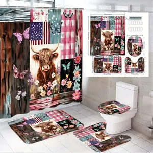 4pcs Rustic Highland Cow Bathroom Décor Set - Whimsical Shower Curtain with Floral & American Flag Design, The floor mat fabric is thicker and softer! Coordinate Bath Mats and Toilet Covers for a Patriotic Floral - Perfect for a Charming Bathroom Refresh