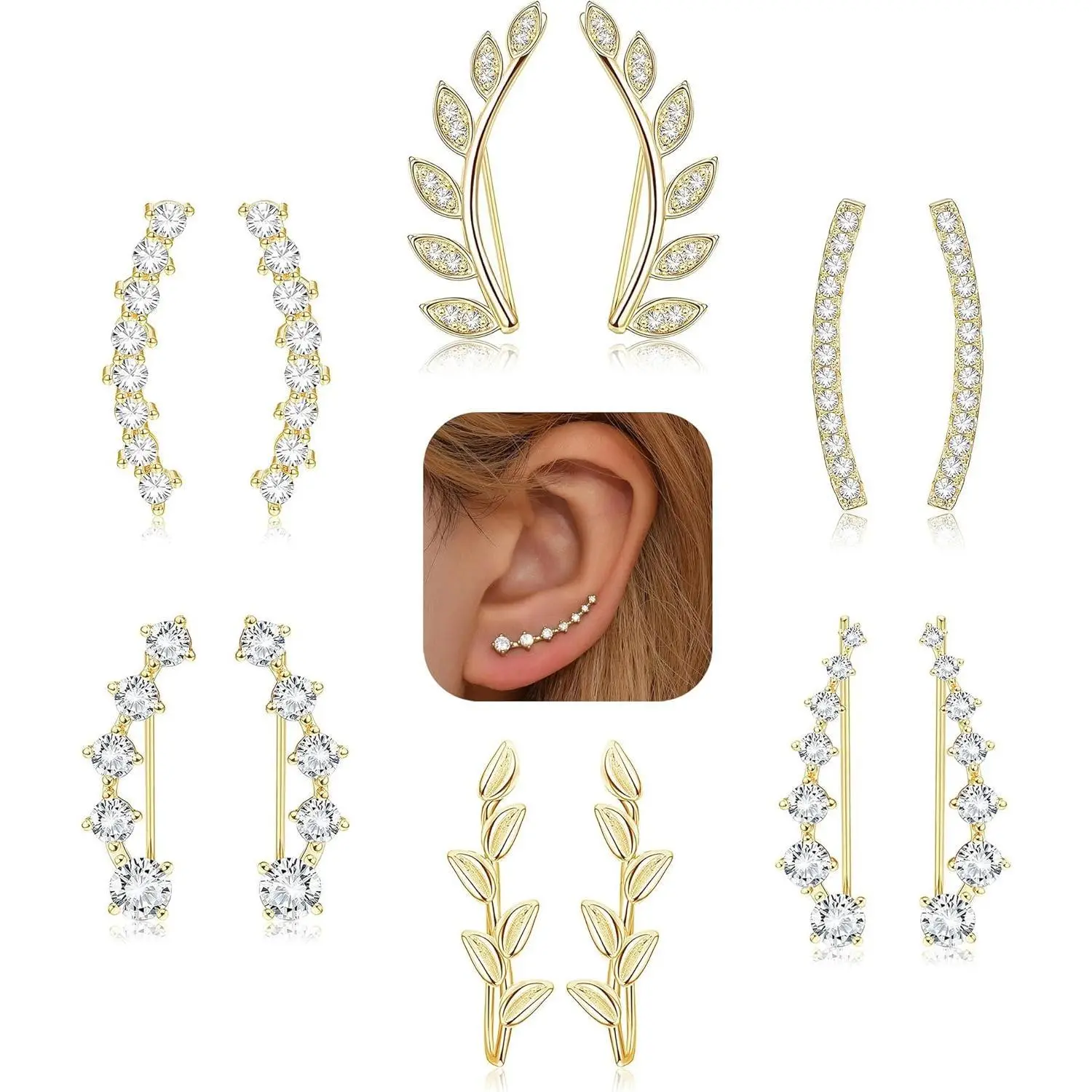 CASSIECA Women's 6-Pair CZ Arrow Clip-On Ear Cuffs Set - Dainty Trendy Metal-Coated Decorative Mini Clip On Earrings, Sparkling Climber Hoops, Stud Jackets, Hypoallergenic Gold Accent Costume Jewelry