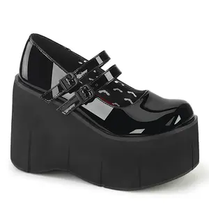 Demonia Kera-08 Black Patent Platforms High Heels with Metal Buckle for Women