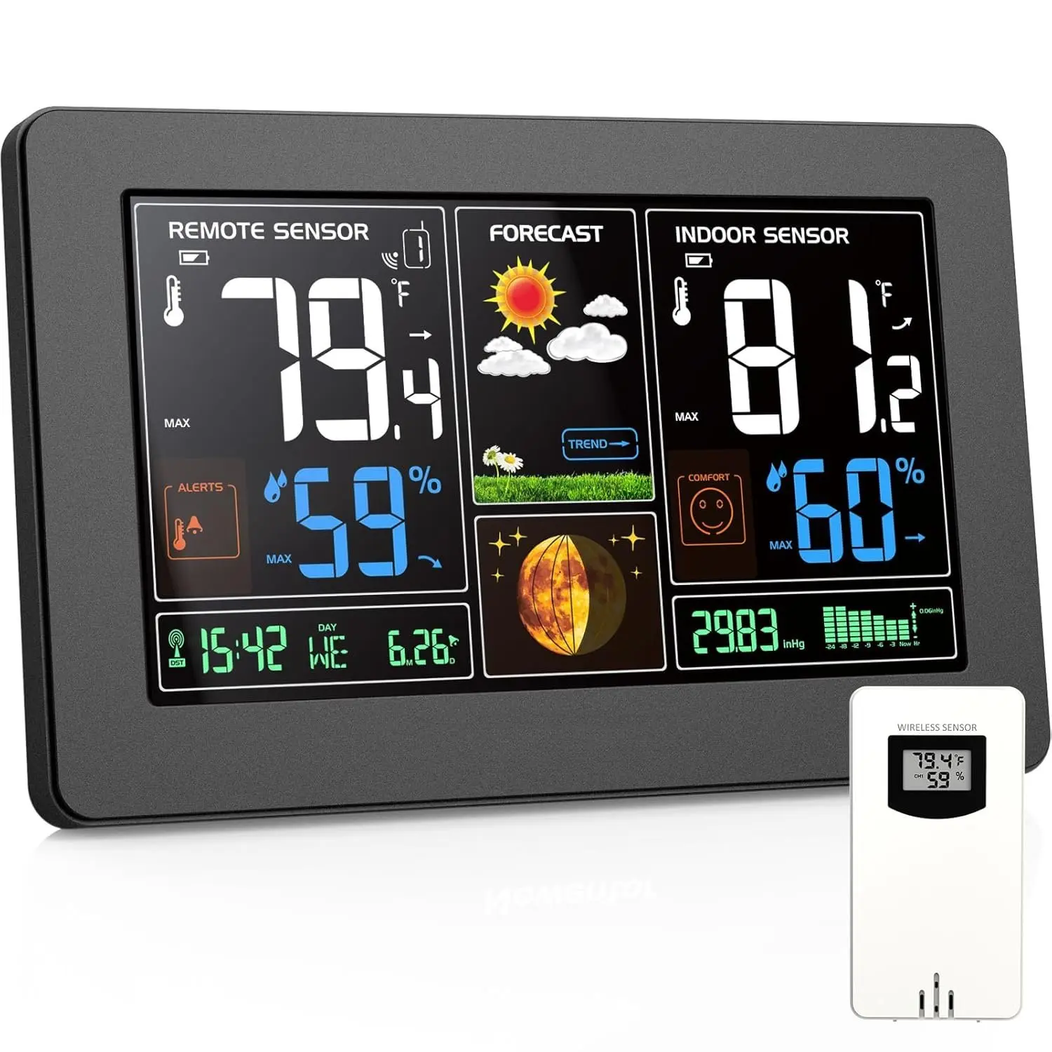 Weather Station  Indoor Outdoor , Color Display Digital Weather  with Atomic Clock, Barometric , Forecast Station with Adjustable Backlight, Black