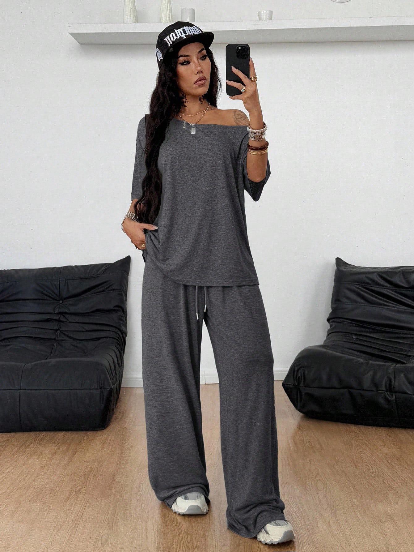 Women's Casual Solid Color Sport Two-Piece Set, Loose Long Pants & Wide Leg Slant Neck Pant Suit, Spring & Fall Fashion