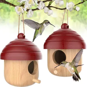 2 Pack Window View Wooden Bird Houses for Outside, Hanging Outdoor Birdhouses to Paint, Bird Nesting Box for Wren Chickadee with Hemp Ropes