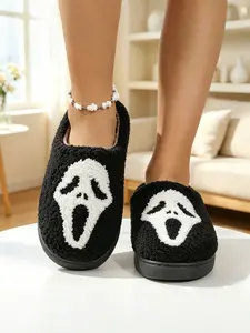 Dark Ghost Face Plush Home Slippers, Classic Scream Mask Pattern, Soft Skin-Friendly Lining, Non-Slip Thick Sole, Comfortable Casual Indoor Shoes Footwear
