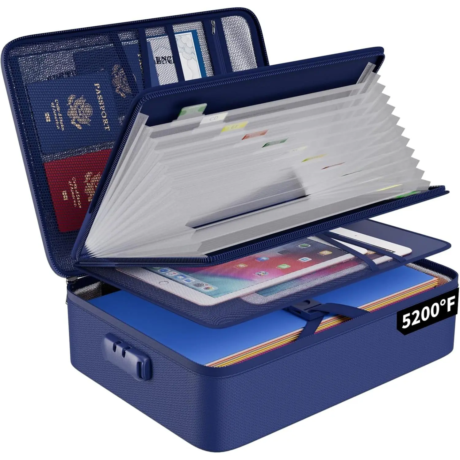 5200 Fireproof Expanding File Bag with 13-Pocket Accordion Folder, Lockable Document Box with Labels, Multi-Layer Portable Files Organizer for Important Papers, Blue Paper Organizers