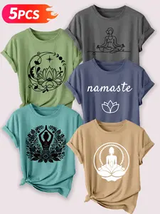 5PCS Yoga & Spiritual Themed Women's Casual Short Sleeve Crew Neck, Round Neck Cotton T-Shirt Set, Minimalist Graphic Print, Multicolor, Machine Washable Spring & Summer Top, Soft Skin-Friendly Fabric, Daily Versatile Womenswear