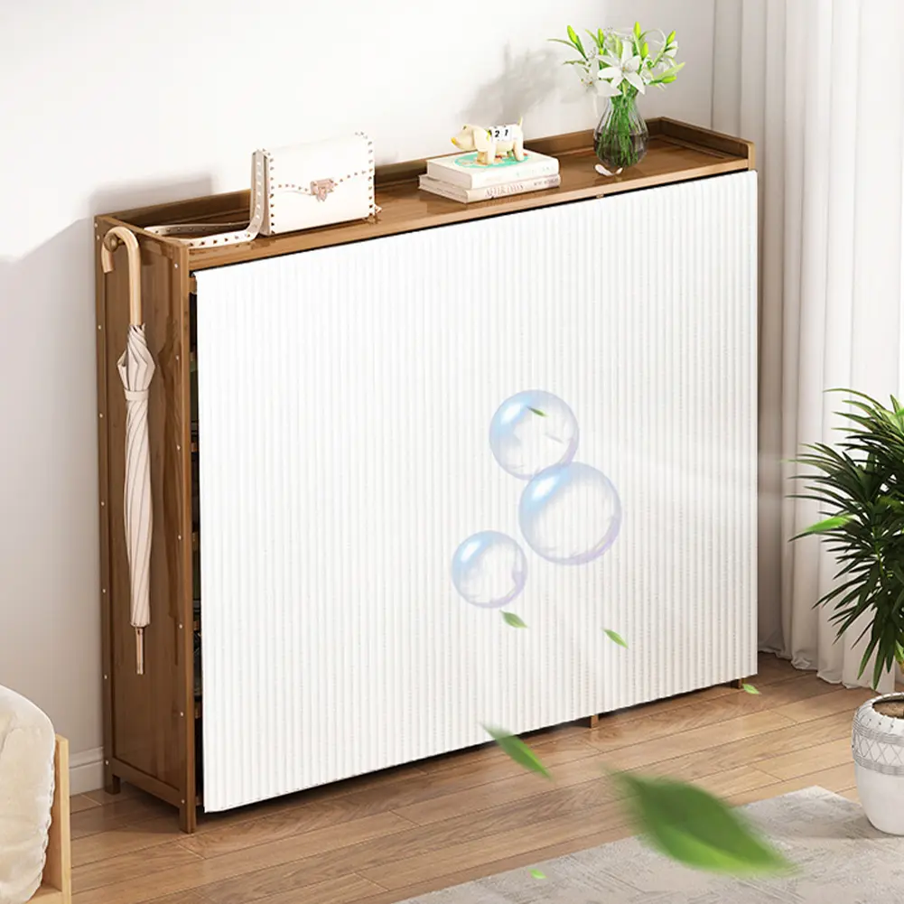 Multifunctional 6-Tier Dustproof Wooden Cabinet Organizer with Racks, 80cm Wood Frame, 84cm Height, White Dustproof Gauze Curtain, Stable Base, Easy Setup, 31.5x9.45x33.07inch, Assembly Required, for Entryway Shoe Storage & Organizing Shoes