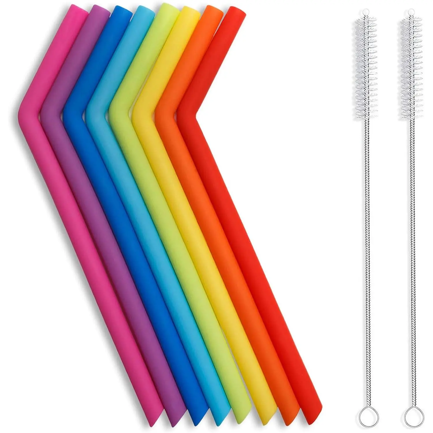 Reusable BPA-Free Silicone Straws - 10 Long Flexible Drinking Straws with Cleaning Brushes for 30 oz Tumblers, Colorful Metal Utensils, No Rubber Taste