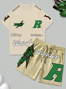 Men's Summer Sports Set, Athletic Fashion Activewear, Athleisure Breathable Clothes, 2-Piece Fashion Print Tee & Shorts, Comfortable Thin Fabric, Casual Loose Fit for Daily Wear