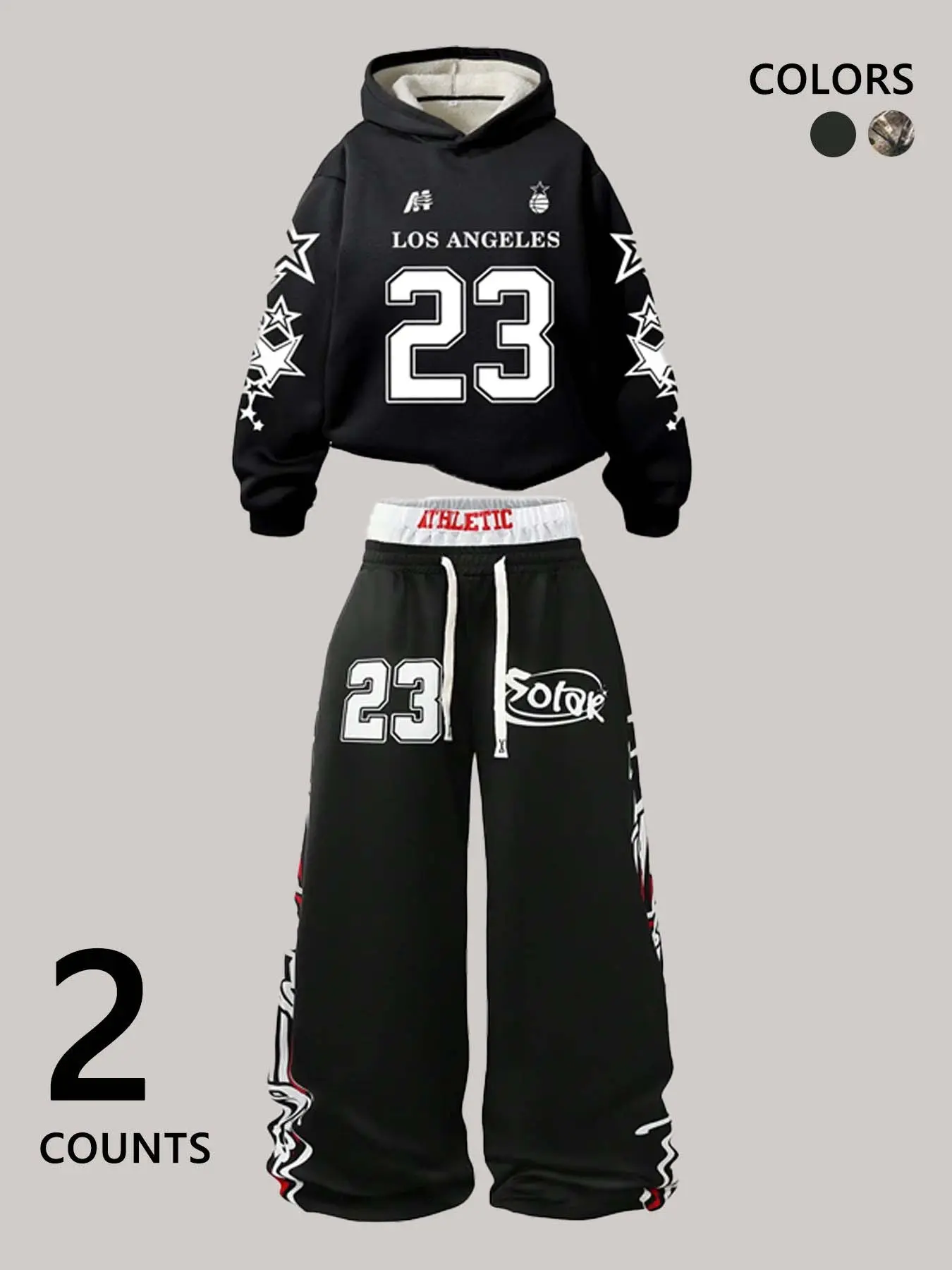 Men Sports Tracksuit Set, Hoodie with Los Angeles 23 Print, Matching Pants with Graffiti Design, Elastic Waist, 2-Piece, Activewear Set