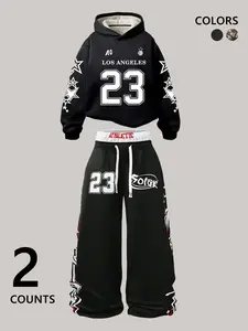 Men Sports Tracksuit Set, Hoodie with Los Angeles 23 Print, Matching Pants with Graffiti Design, Elastic Waist, 2-Piece, Activewear Set
