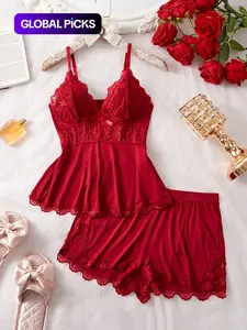 Women's Plain Lace Patchwork Breathable Fitted Sleeveless Lingerie Cami Top with Bow & Shorts PJ Set, Adjustable Spaghetti Strap Camisole & Elastic Waist Shorts, Ladies Sleepwear for All Seasons