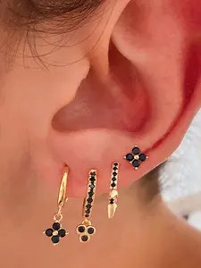 4Pcs Lovely 24K Gold Plated Cubic Zirconia Hoop Earrings Set For Women Black Zircon Stud Earrings Pack Flower Drop Dangle Earrings Stack