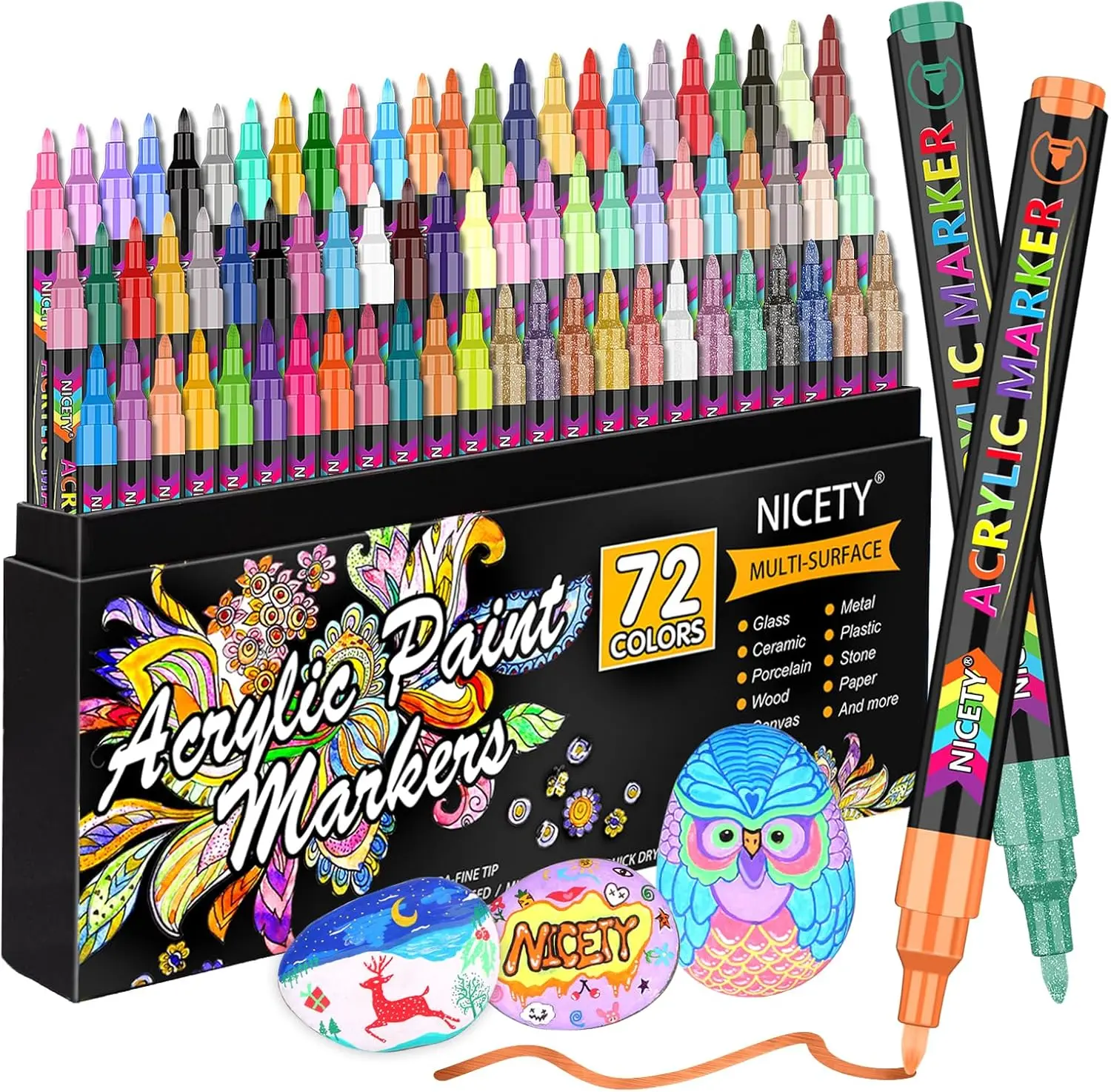 NICETY Extra Fine Tip Acrylic Paint Markers 72 & 136 Shades, Quick Dry Waterproof Water Based Paint Pens for Rock Canvas Wood Ceramic Glass Stone Fabric, Non-Toxic Art Supplies for Adults