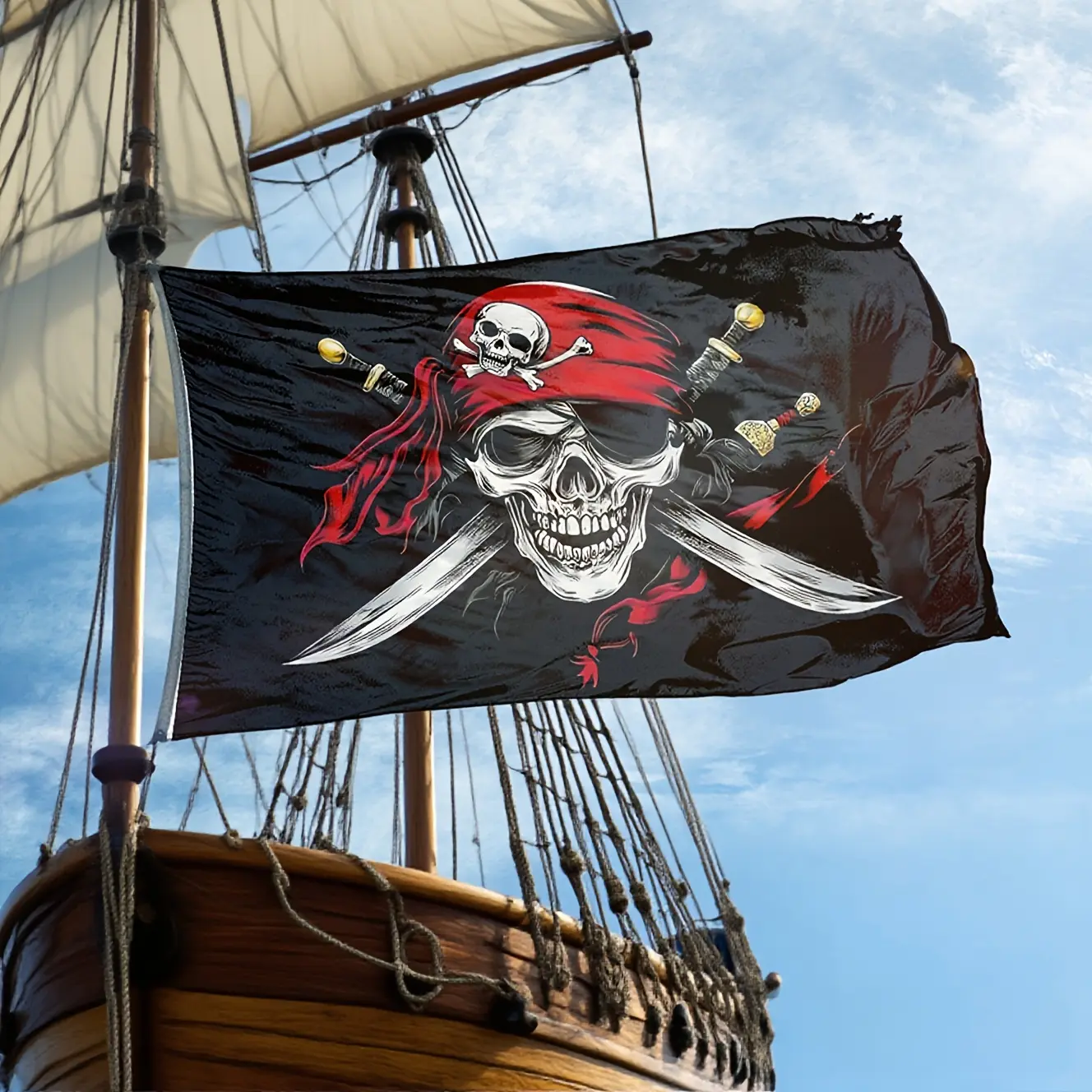 3x5 Ft Jolly Roger Pirate Flag, Cool Skull with Red  & Crossed Swords Polyester Flag, Heavy‑Duty Fade‑Resistant Flag for Halloween, Man Cave, Beach, Pirate‑Themed Party & Outdoor Decor