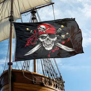3x5 Ft Jolly Roger Pirate Flag, Cool Skull with Red  & Crossed Swords Polyester Flag, Heavy‑Duty Fade‑Resistant Flag for Halloween, Man Cave, Beach, Pirate‑Themed Party & Outdoor Decor