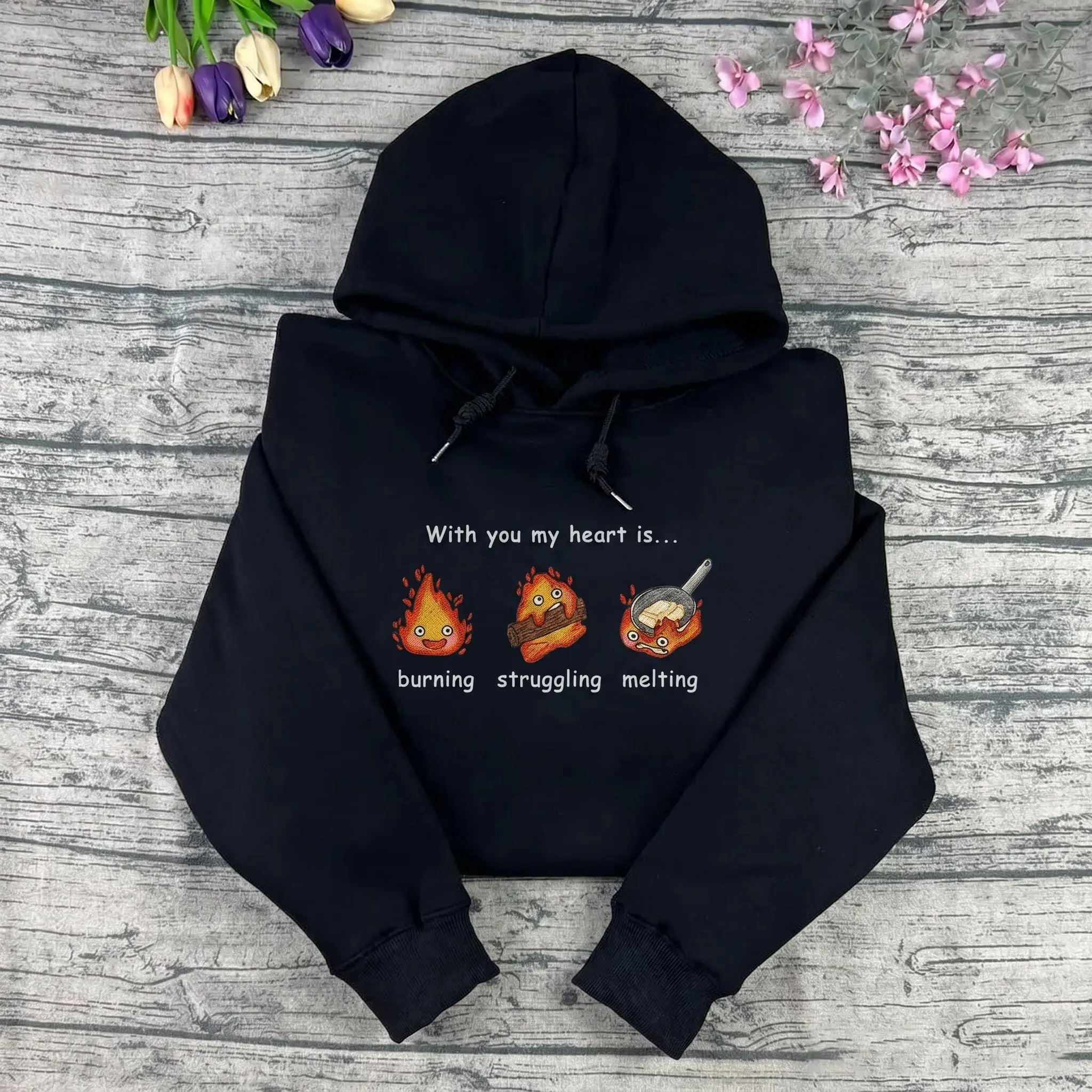 Howls Moving Castle Calcifer Embroidered Sweatshirt and Hoodie, Studio Ghibli Merch, Gift for Anime Lovers