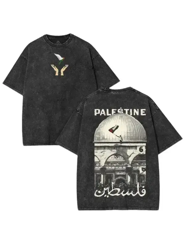 Women's Vintage Acid Wash Oversized Palestine Graphic Short-Sleeve Classic Round Neck Soft 100% Heavy Cotton Tee, Pro-Palestinian Solidarity Freedom Dove Retro Grey Unisex Streetwear Apparel, Casual Gifts Tops, Shortsleeve, Seamless, Clothes