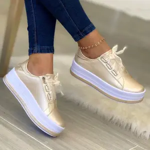 Single Women's Large-Size Casual European-American Lace-Up Flat Round-Toe Platform Footwear - Gold, Sponge Cake Heel, Viscose Sole Closed Trainer