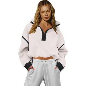 Half Zip Sweatshirt Women Oversized Sherpa Jacket V Neck Fleece Pullover Hoodie with Pockets