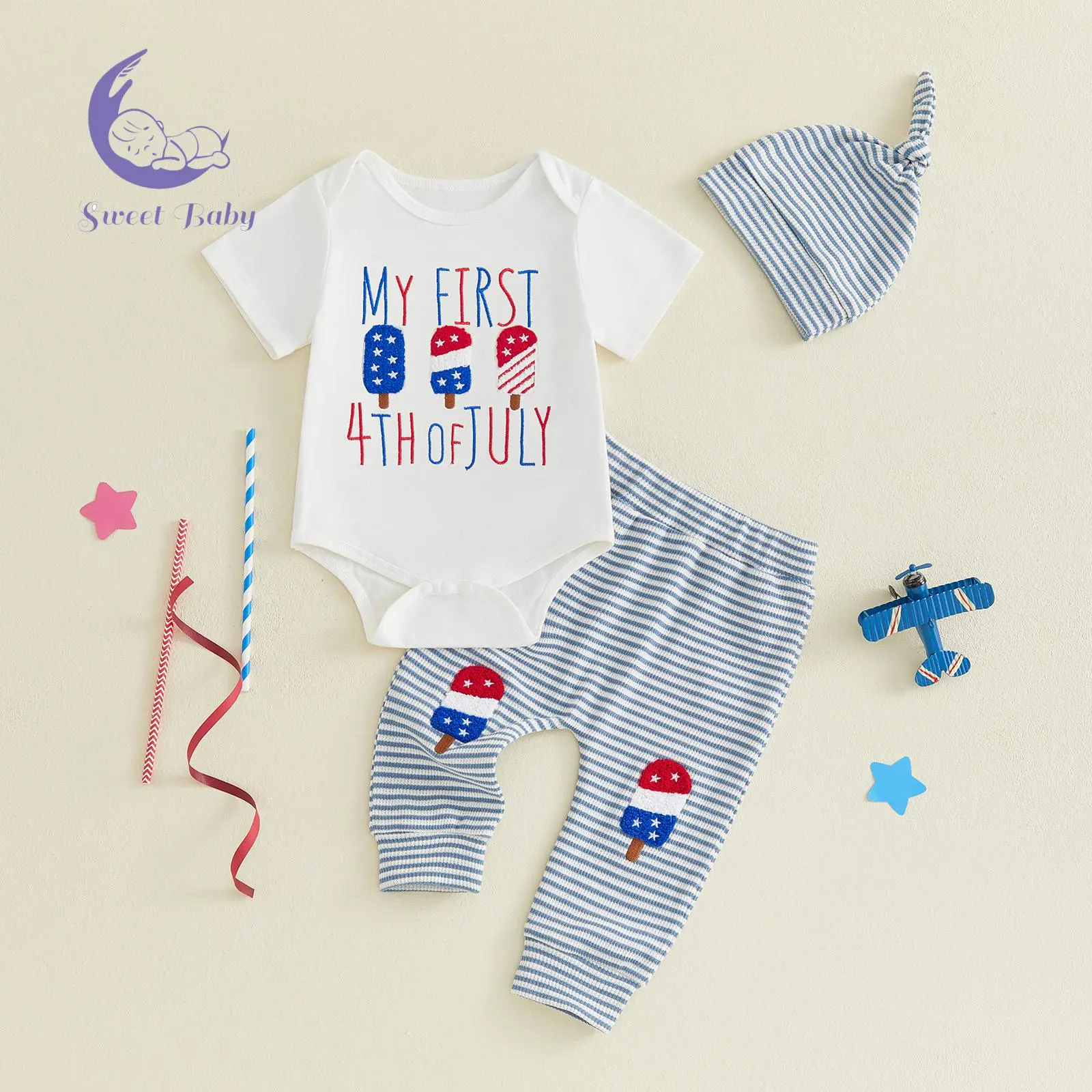 Baby Boys' 4th of July 3-Piece Clothes Set, Letter & Ice Cream Fuzzy Embroidery Crew Neck Short Sleeve Waffle Romper with Long Pants & Hat
