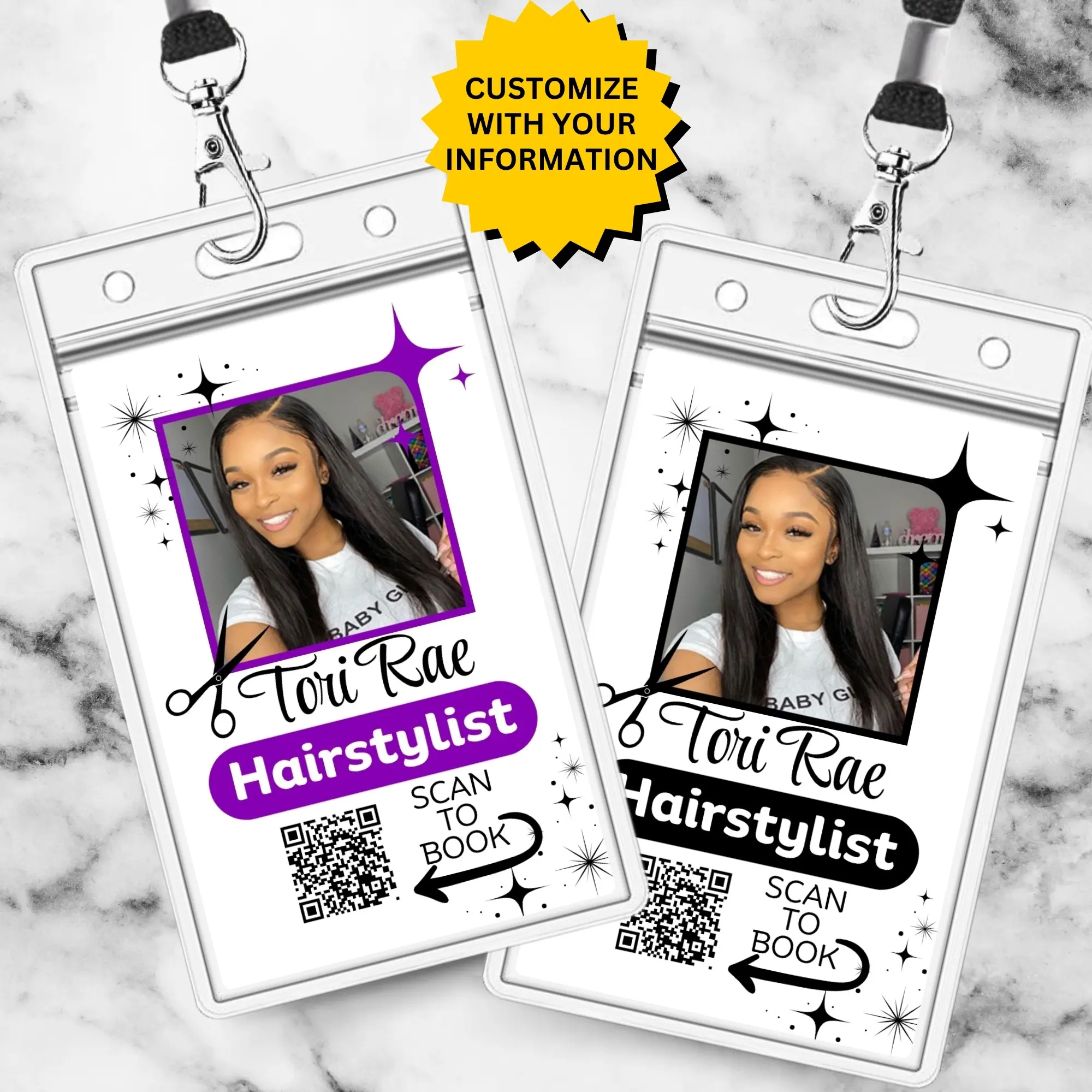 Custom Hairstylist ID Badge | for Cosmetologist Barber Instructor Beautician | Add Your Info | QR Code for Booking