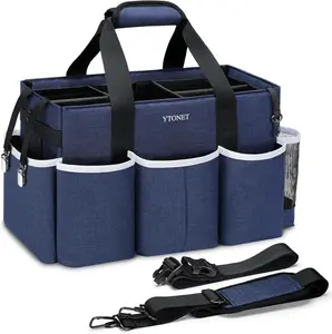 Wearable Cleaning Caddy Bag, Large Cleaning Supplies Organizer with 4 Foldable Dividers, Kitchen Caddy Organizer with Handle & Adjustable Shoulder Straps for Cleaners & Housekeeper, Blue