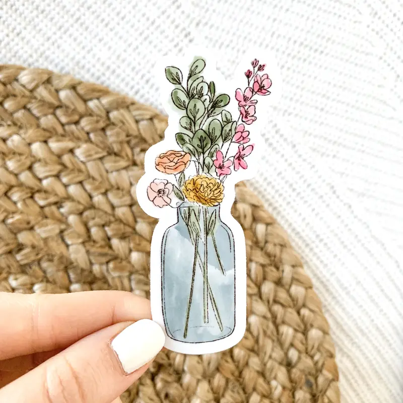 Elyse Breanne Design Bouquet-Shaped Watercolor Decorative Vase Decal Sticker - Easy-Remove, Peel w/o Residue, Waterproof Vinyl, Car Decal Sticker for Vehicles, Dishwasher Safe, 3.5x1.75 inches
