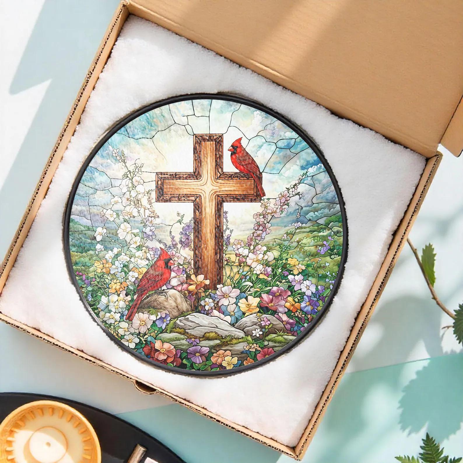 Jesus With Cardinals Stained Glass Suncatcher Memorial Gift, Christian Window Hanging, Jesus Christ Decoration, Religious Christmas Decor