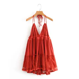 Rosie Dobby Mesh Self-Tie Ruffled Halter Dress