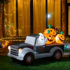Glitzhome 8FT Lighted Truck with Jack-O-Lantern Pumpkins Inflatable Outdoor Holiday Yard Decor