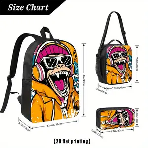 DJ Gorilla, 3pcs backpack, lunch bag pencil case, 17-inch computer backpack, lightweight hiking backpack for shopping, fitness, yoga, hiking, beach, work