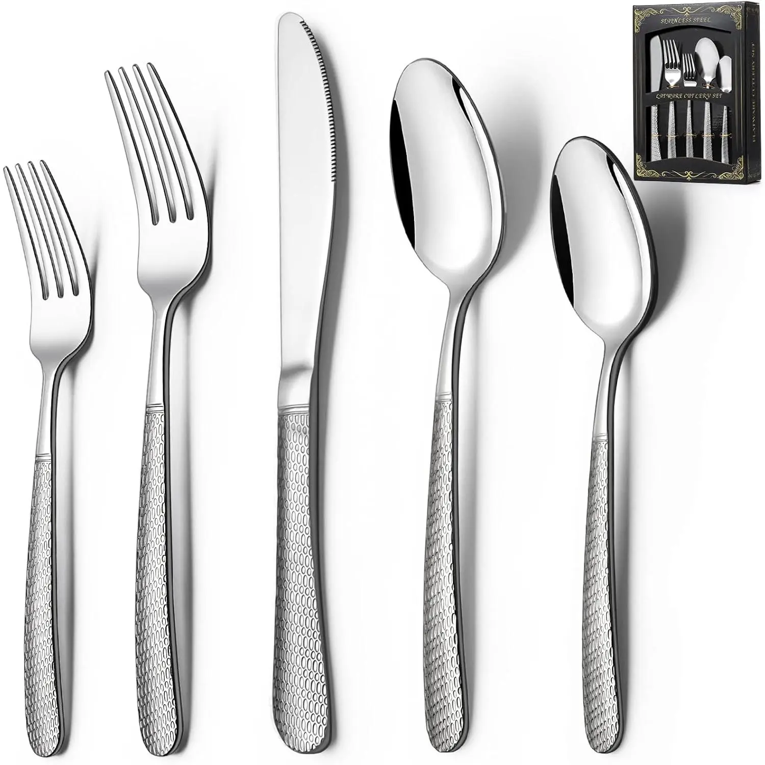 40- Hammered Silverware Set,  Stainless Steel Heavy Duty Flatware Set for 8, -Grade Tableware Cutlery Set, Utensil Sets for  Restaurant, Mirror Finish, Dishwasher Safe