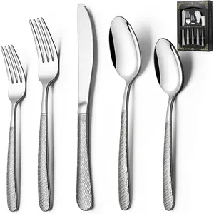 40- Hammered Silverware Set,  Stainless Steel Heavy Duty Flatware Set for 8, -Grade Tableware Cutlery Set, Utensil Sets for  Restaurant, Mirror Finish, Dishwasher Safe