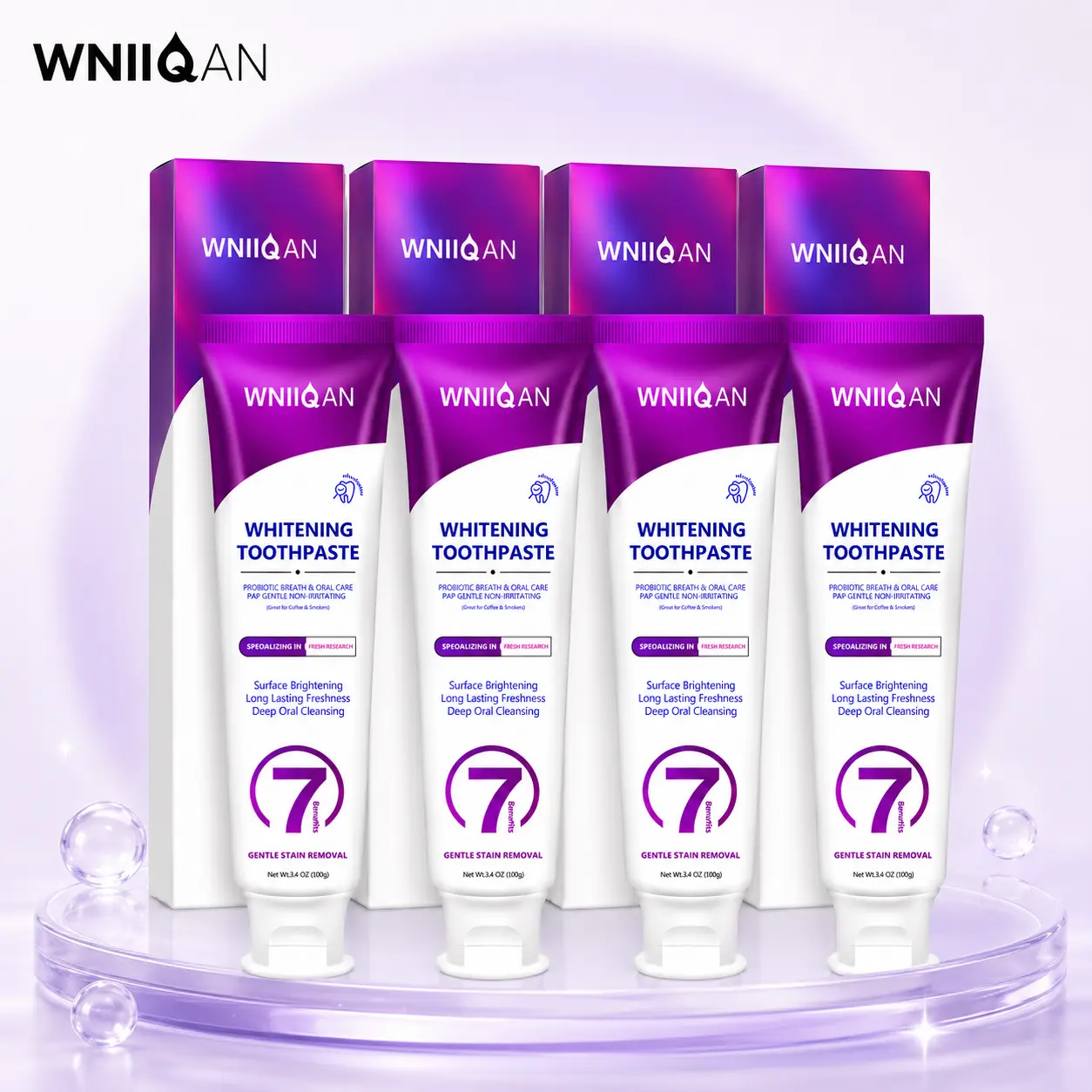 WNIIQAN Whitening Toothpaste, 4 Tubes, Probiotic Oral Care for Fresh Breath, Gentle Stain Care, Deep Cleaning & Long-Lasting Freshness, 3.4 oz / 100g Each tooth