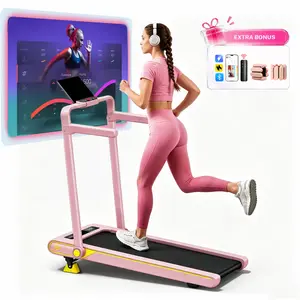Pink foldable treadmill with adjustable incline, low-noise motor walking mat, equipped with remote control and wheels for easy movement, dual shock absorption system home fitness equipment, home exercise device, comes with a weighted ring