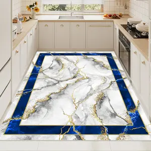 Crystal Velvet Blue Gold Marble Kitchen Rug, Non-Slip Waterproof Durable Structure, Easy to Clean, Ideal for Large Kitchen Spaces