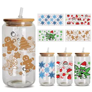 4Sheet Christmas Gingerbread Snowflakes UV DTF Cup Wrap Transfer for Glass, Rub on Transfers Stickers for Crafting, UV DTF Transfer Waterproof Sticker for 16OZ Glass Cups Furniture DIY Crafts
