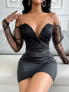 Deep V Lace-Up Short Formal Dress, Womenswear, Formal Wear, Contrast Mesh Design, Plain Pattern, Slim Fit, Long Sleeves, Perfect for Parties & Night Out